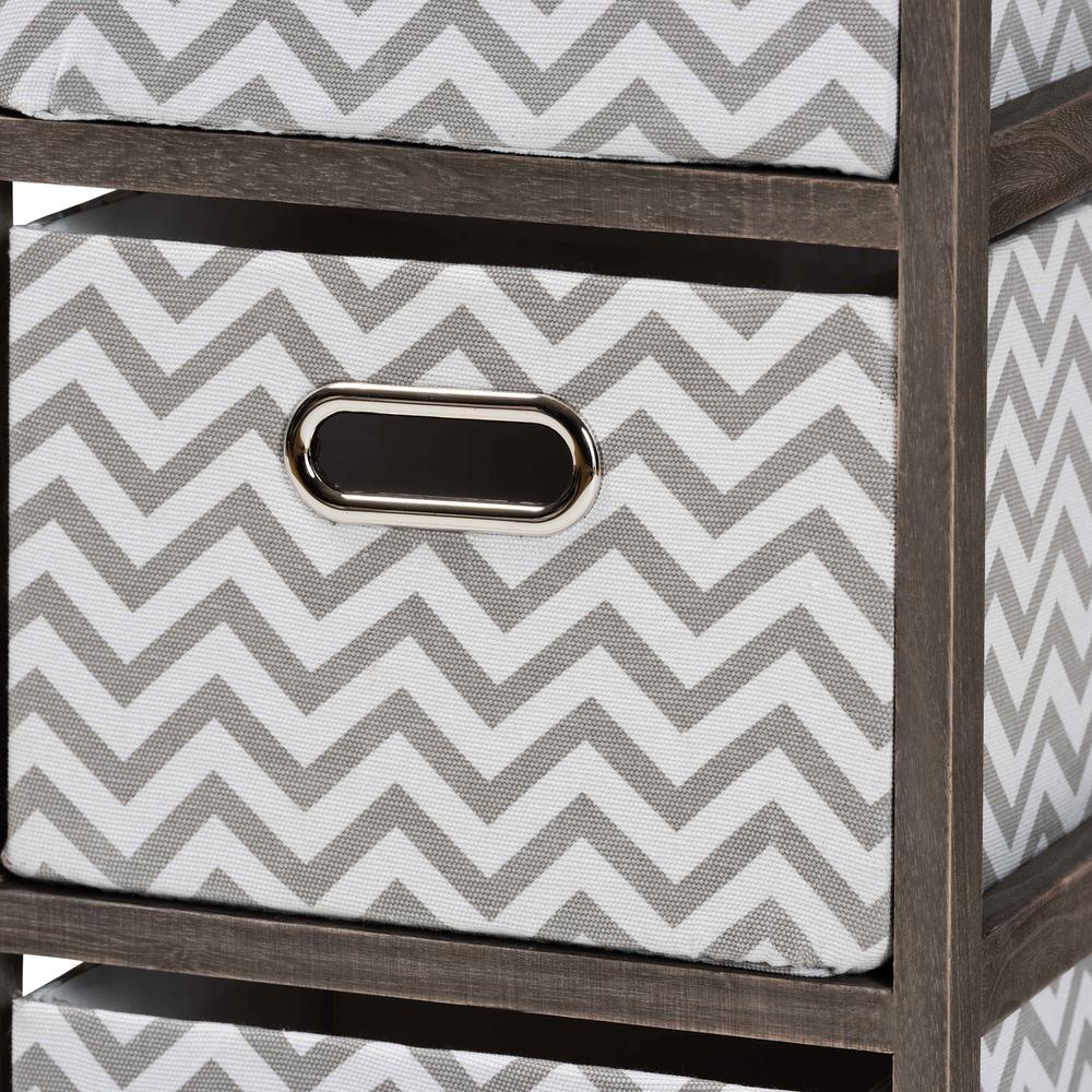 Grey and White Fabric Upholstered Greywashed Wood 4-Basket Tallboy Storage Unit. Picture 15
