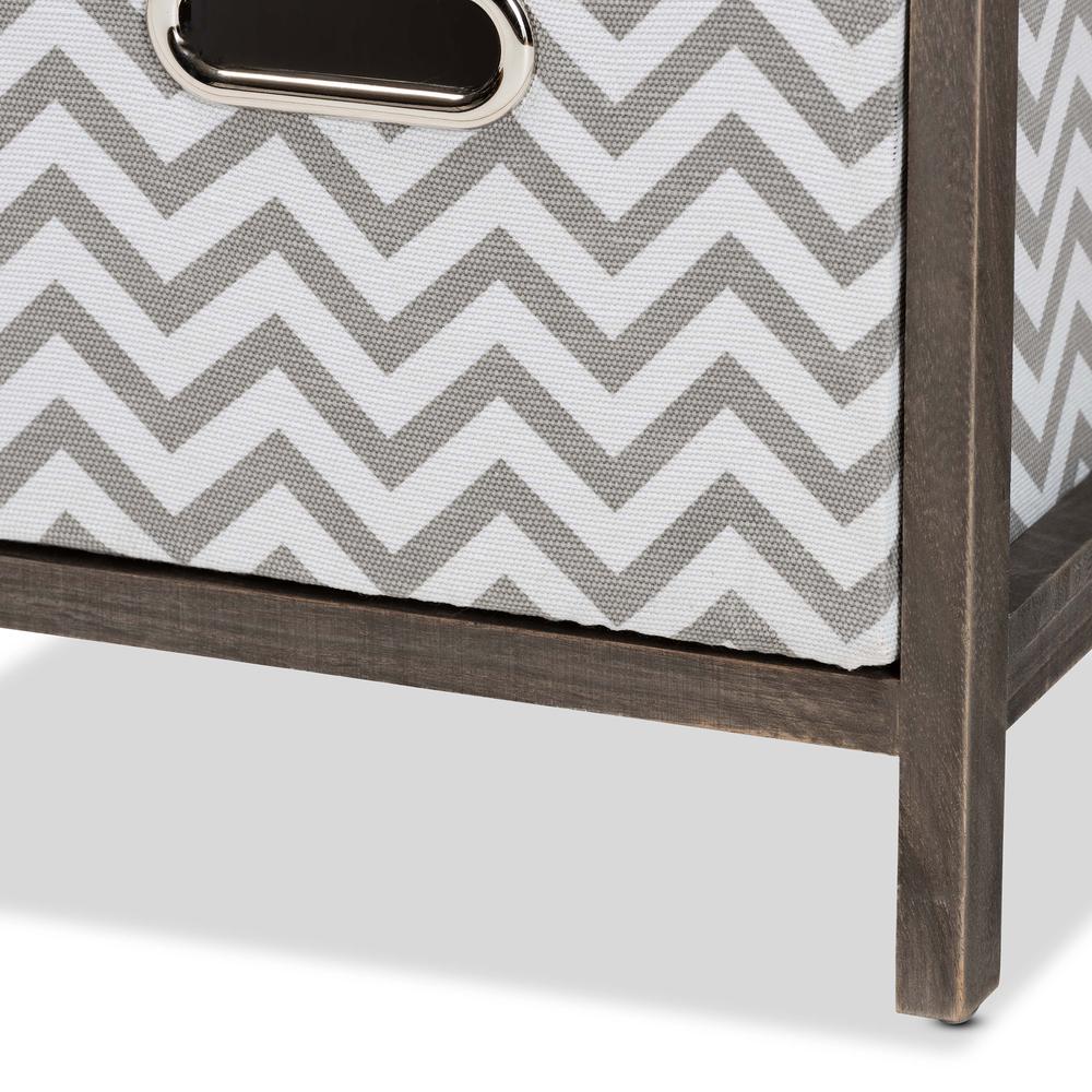 Grey and White Fabric Upholstered Greywashed Wood 4-Basket Tallboy Storage Unit. Picture 16