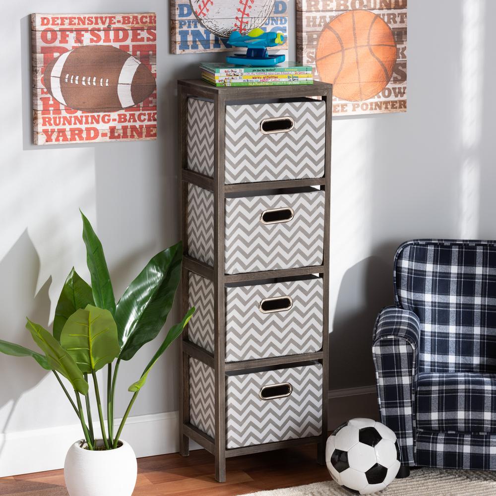 Grey and White Fabric Upholstered Greywashed Wood 4-Basket Tallboy Storage Unit. Picture 18