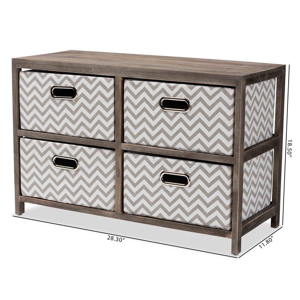 Grey and White Fabric Upholstered Greywashed Wood 4-Basket Storage Unit. Picture 20