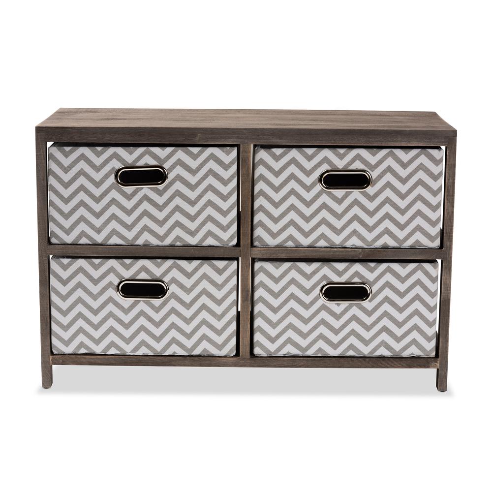Grey and White Fabric Upholstered Greywashed Wood 4-Basket Storage Unit. Picture 13