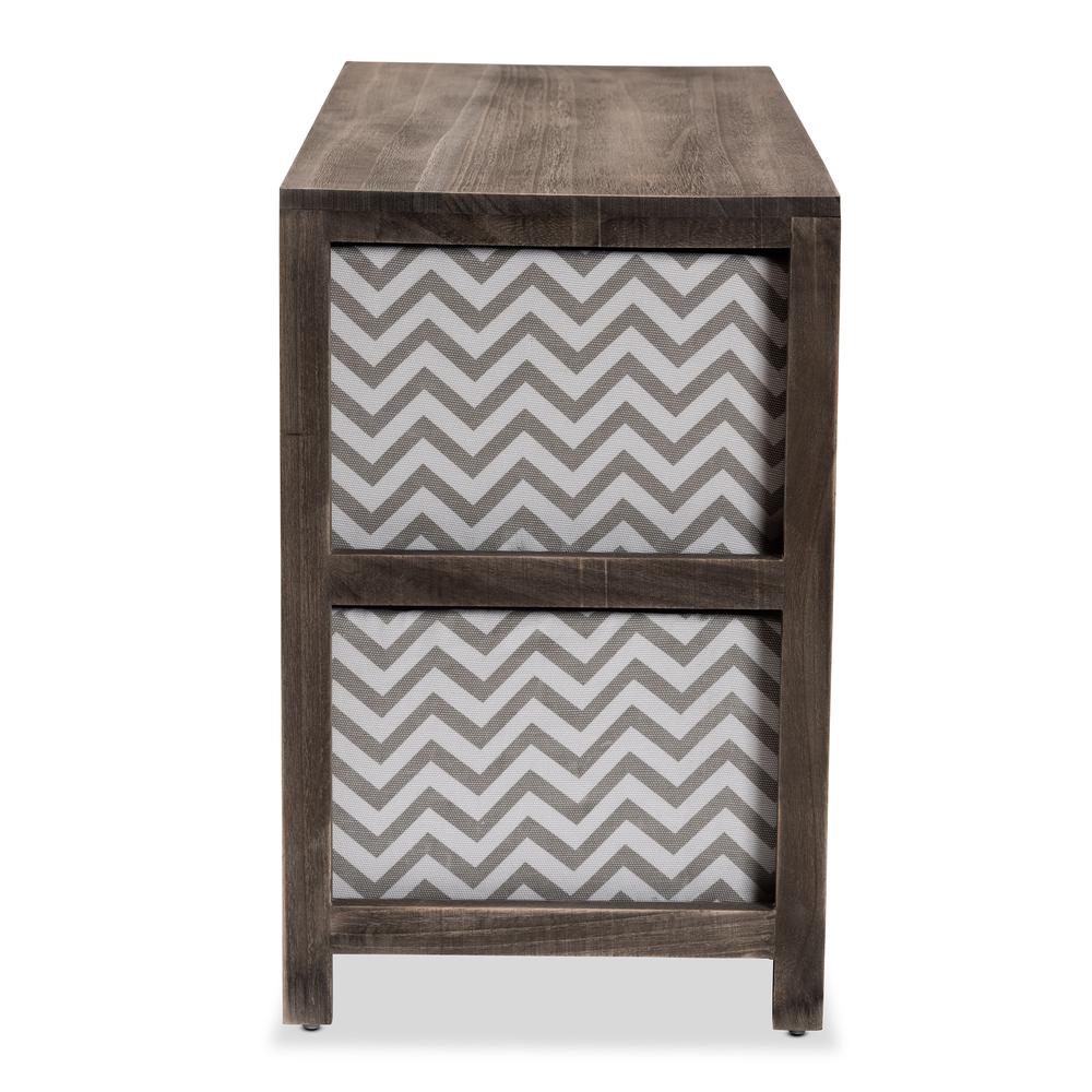 Grey and White Fabric Upholstered Greywashed Wood 4-Basket Storage Unit. Picture 14