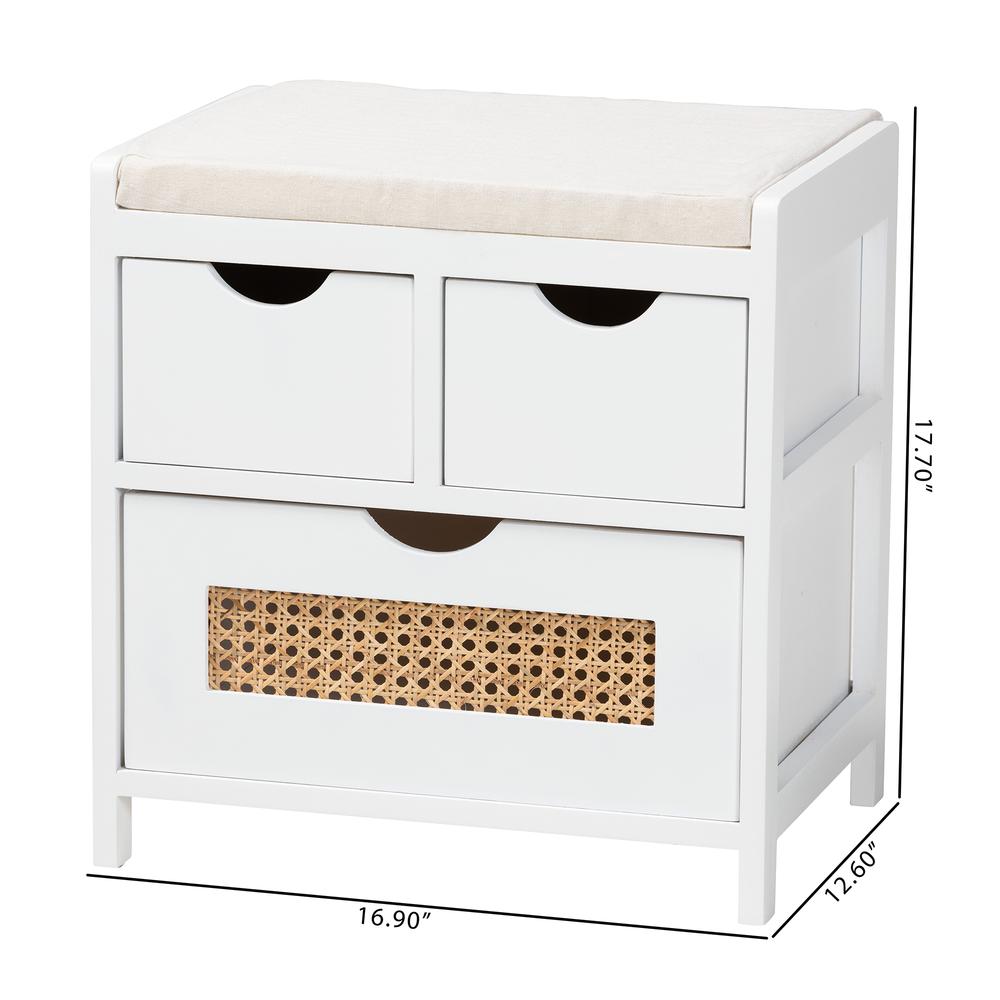 White Finished Wood 3-Drawer Storage Bench with Natural Rattan. Picture 20