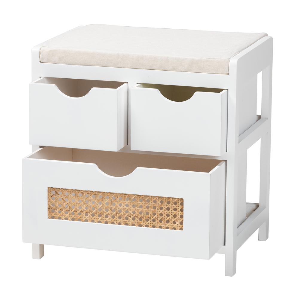 White Finished Wood 3-Drawer Storage Bench with Natural Rattan. Picture 12
