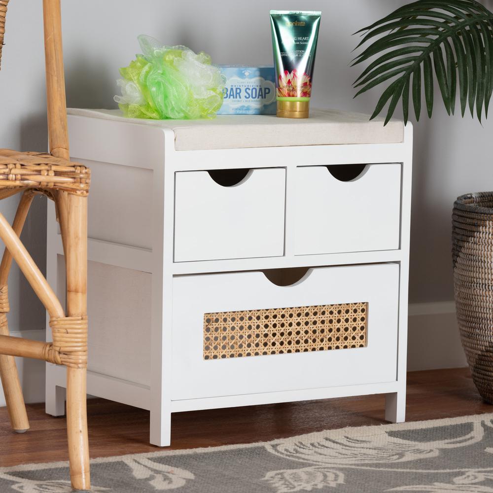 White Finished Wood 3-Drawer Storage Bench with Natural Rattan. Picture 18