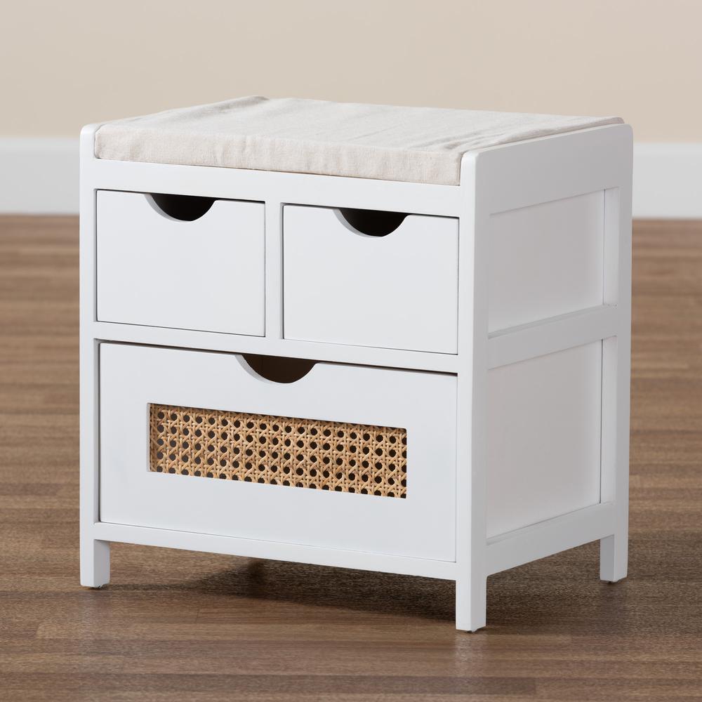 White Finished Wood 3-Drawer Storage Bench with Natural Rattan. Picture 19