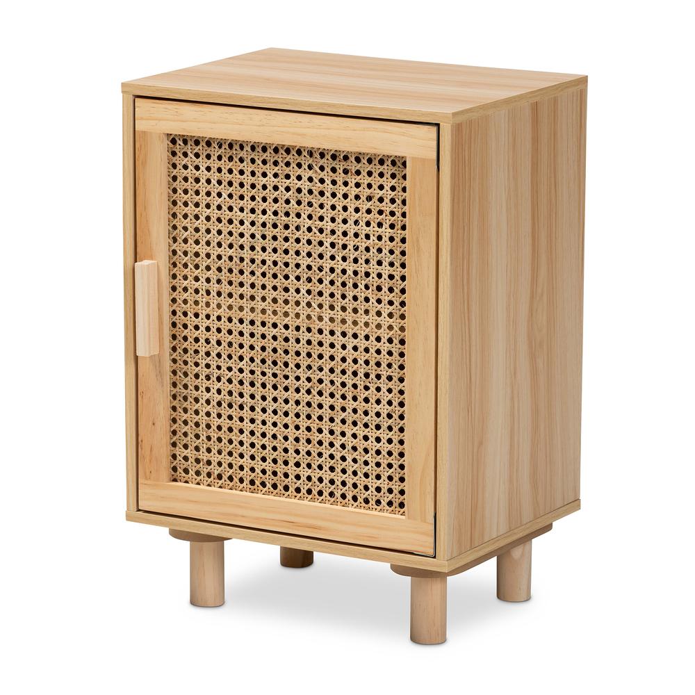 Baxton Studio Maclean Mid-Century Modern Rattan and Natural Brown Finished Wood 1-Door Nightstand. Picture 13