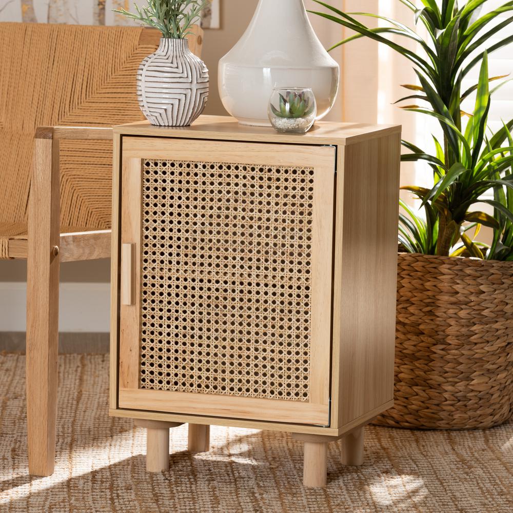 Baxton Studio Maclean Mid-Century Modern Rattan and Natural Brown Finished Wood 1-Door Nightstand. Picture 12
