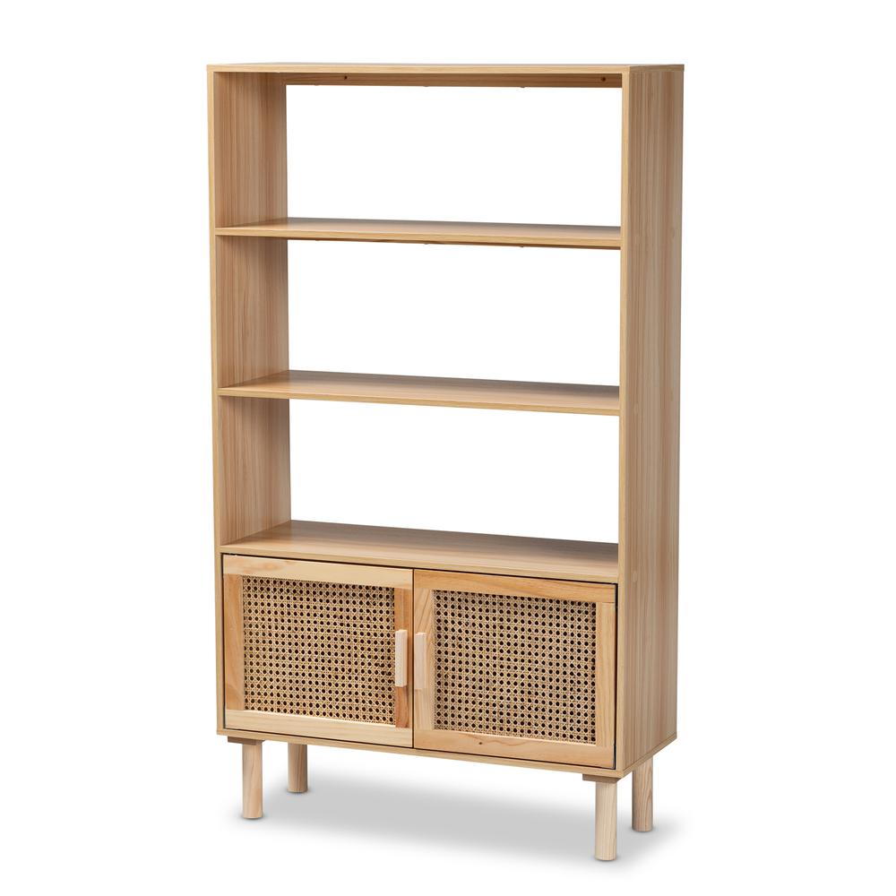 Natural Brown Finished Wood and Rattan 2-Door Bookcase. Picture 12