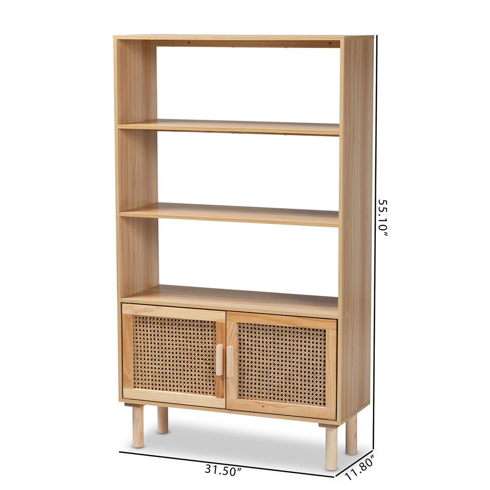 Natural Brown Finished Wood and Rattan 2-Door Bookcase. Picture 21