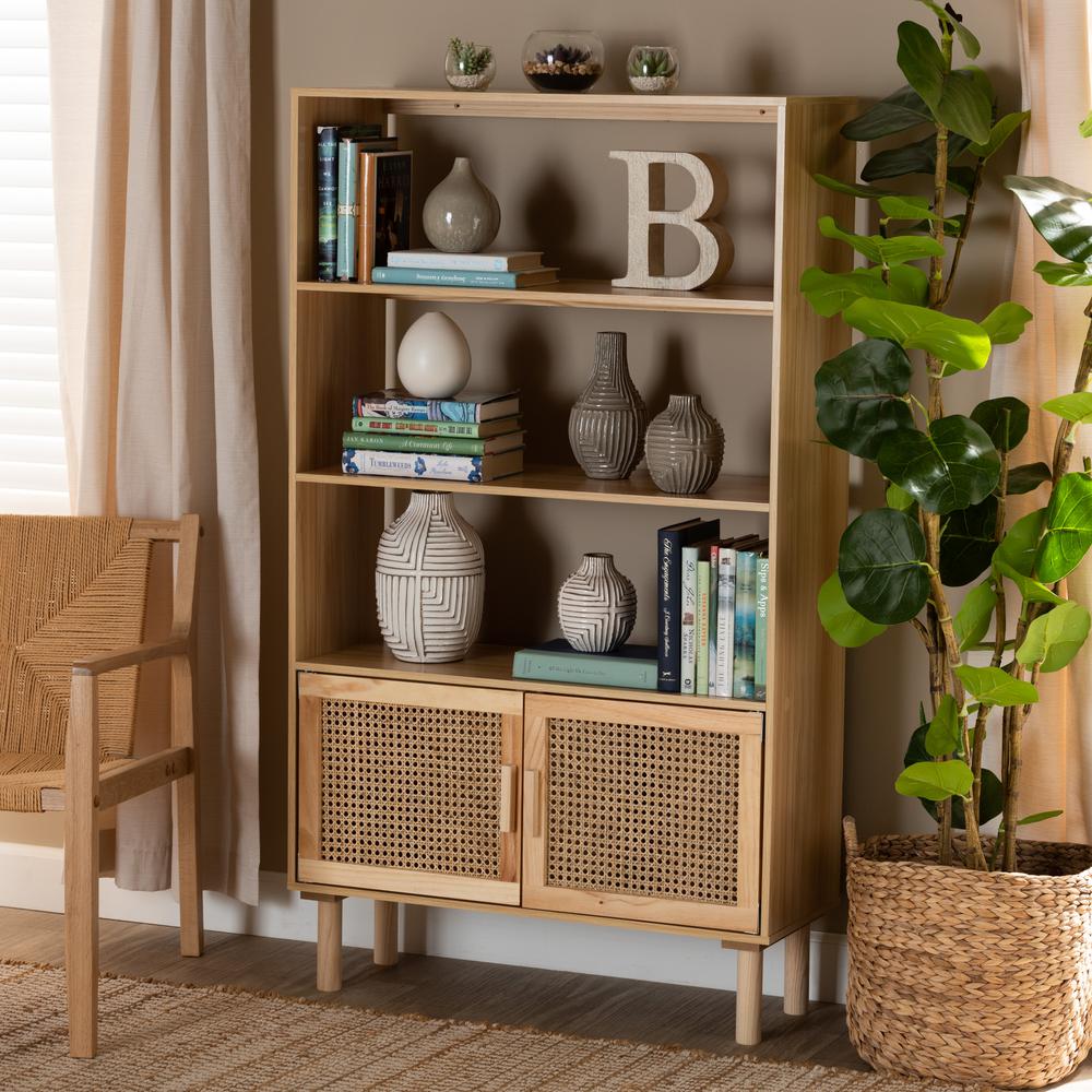 Natural Brown Finished Wood and Rattan 2-Door Bookcase. Picture 19