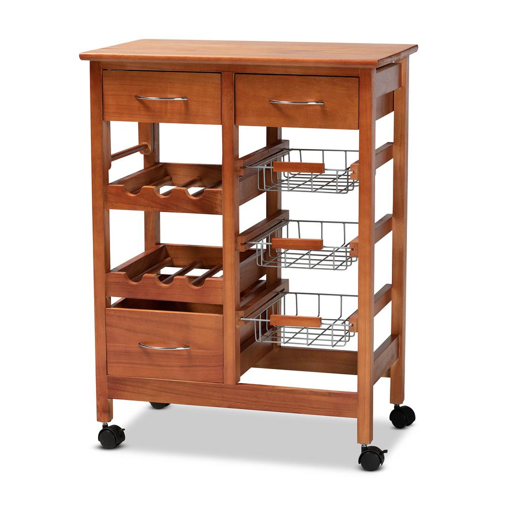Oak Brown Finished Wood and Silver-Tone Metal Mobile Kitchen Storage Cart. Picture 16
