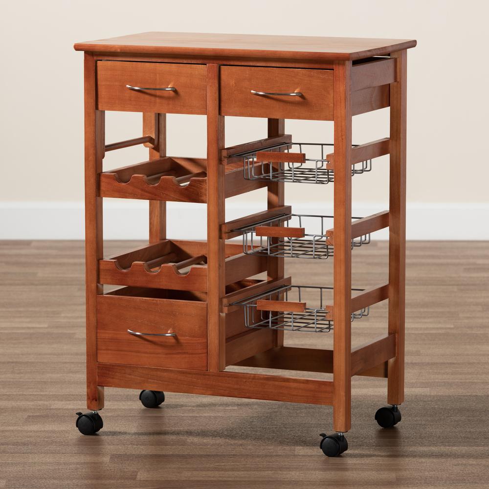 Oak Brown Finished Wood and Silver-Tone Metal Mobile Kitchen Storage Cart. Picture 28