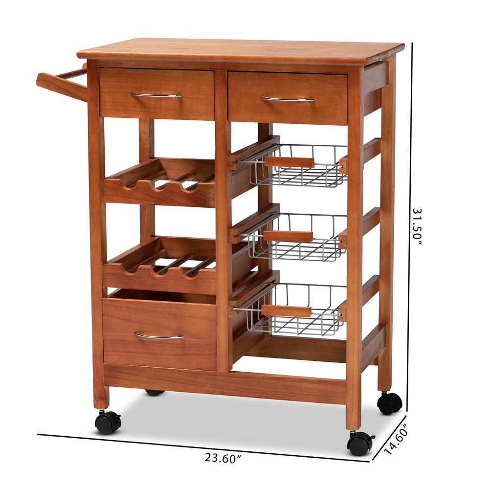 Oak Brown Finished Wood and Silver-Tone Metal Mobile Kitchen Storage Cart. Picture 29