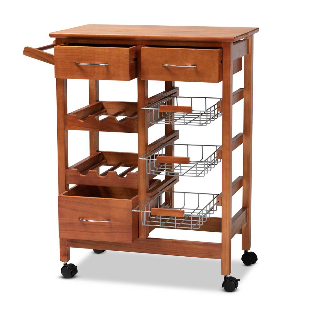 Oak Brown Finished Wood and Silver-Tone Metal Mobile Kitchen Storage Cart. Picture 17