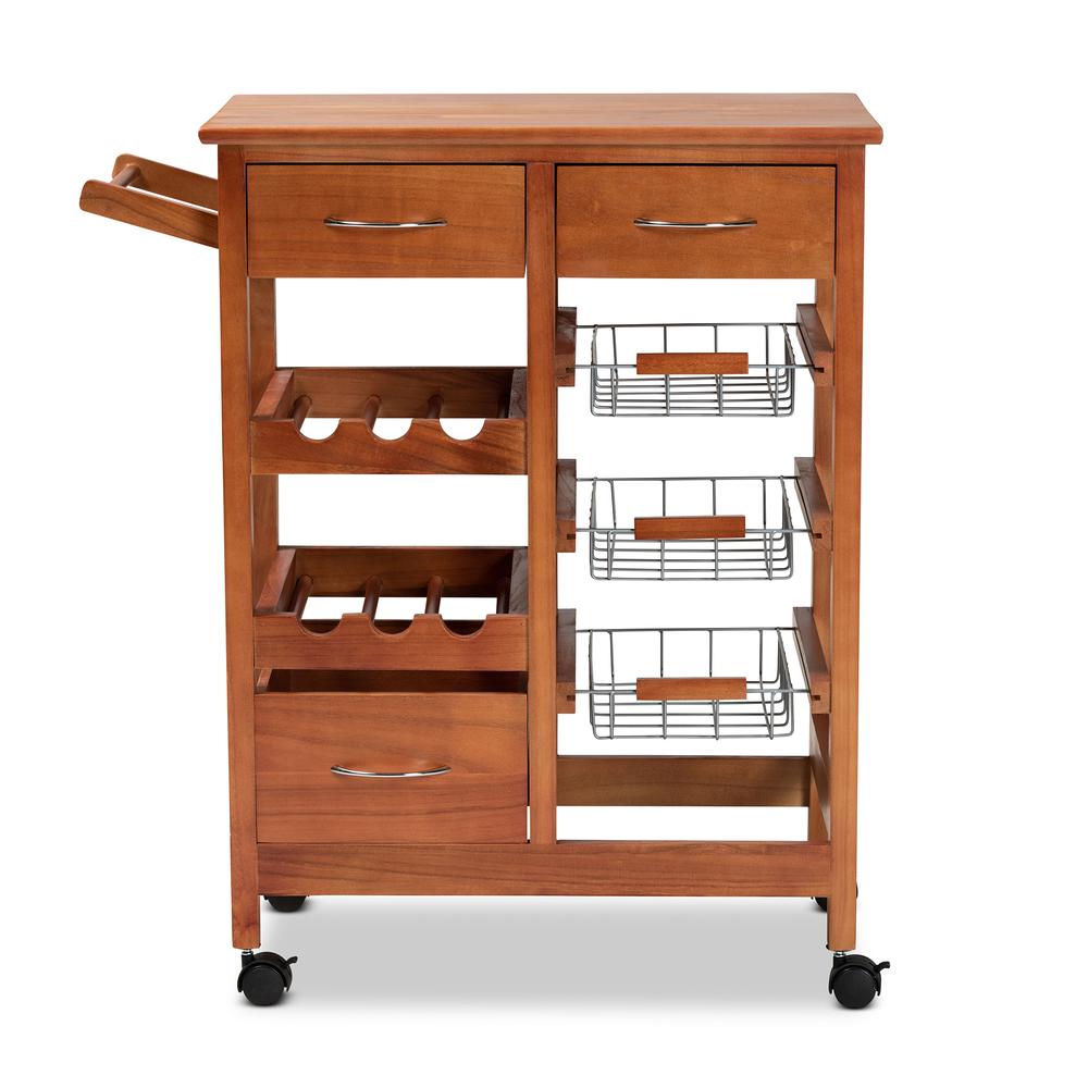 Oak Brown Finished Wood and Silver-Tone Metal Mobile Kitchen Storage Cart. Picture 18