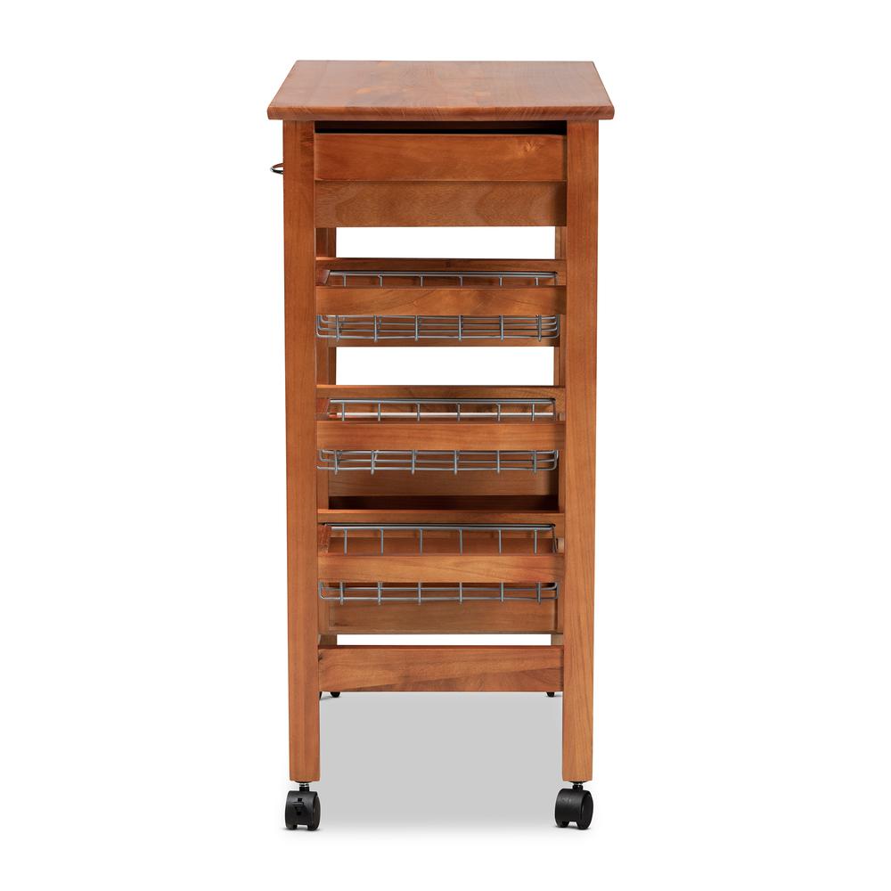 Oak Brown Finished Wood and Silver-Tone Metal Mobile Kitchen Storage Cart. Picture 19