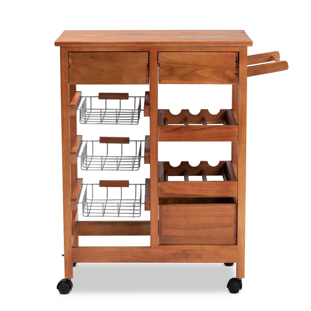 Oak Brown Finished Wood and Silver-Tone Metal Mobile Kitchen Storage Cart. Picture 20
