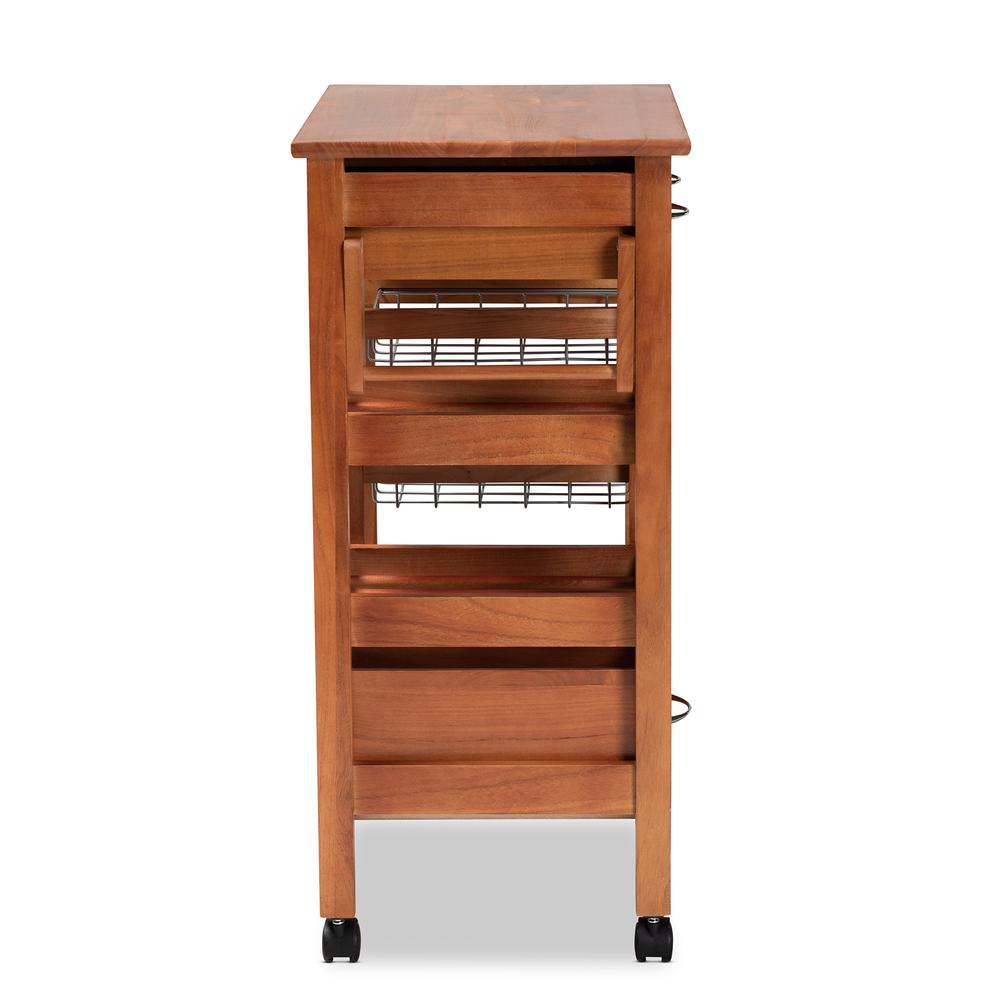 Oak Brown Finished Wood and Silver-Tone Metal Mobile Kitchen Storage Cart. Picture 21
