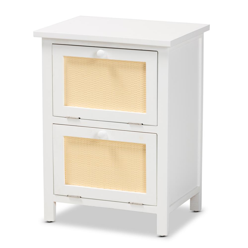 Baxton Studio Sariah Mid-Century Modern White Finished Wood and Rattan 2-Door Nightstand. Picture 12