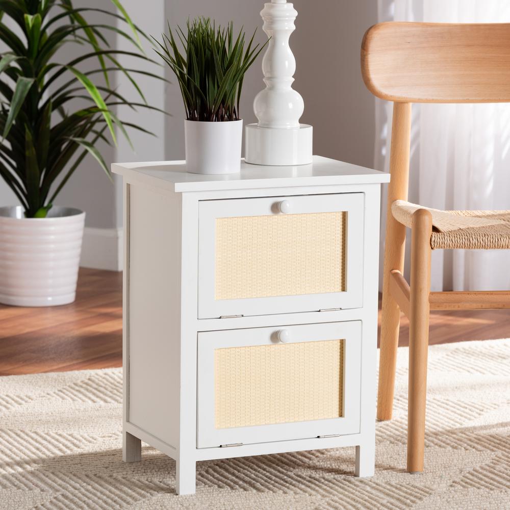 Baxton Studio Sariah Mid-Century Modern White Finished Wood and Rattan 2-Door Nightstand. Picture 11