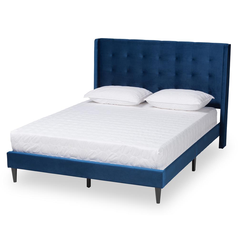 Navy Blue Velvet Fabric and Dark Brown Finished Wood King Size Platform Bed. Picture 1