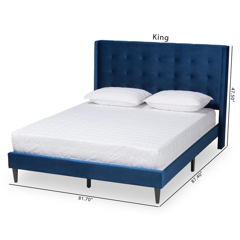 Navy Blue Velvet Fabric and Dark Brown Finished Wood King Size Platform Bed. Picture 4