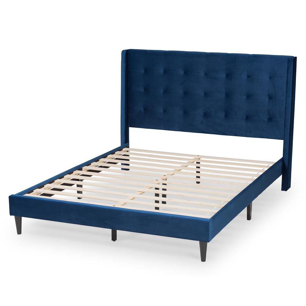Navy Blue Velvet Fabric and Dark Brown Finished Wood King Size Platform Bed. Picture 3