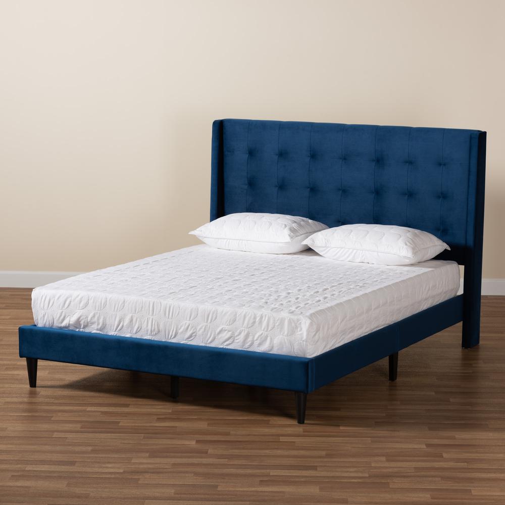 Navy Blue Velvet Fabric and Dark Brown Finished Wood King Size Platform Bed. Picture 6