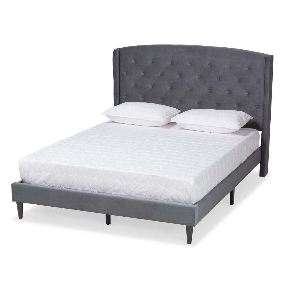 Grey Velvet Fabric and Dark Brown Finished Wood King Size Platform Bed. Picture 1