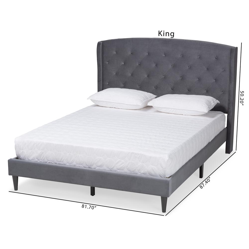 Grey Velvet Fabric and Dark Brown Finished Wood King Size Platform Bed. Picture 2