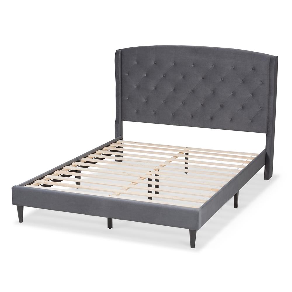 Grey Velvet Fabric and Dark Brown Finished Wood King Size Platform Bed. Picture 4
