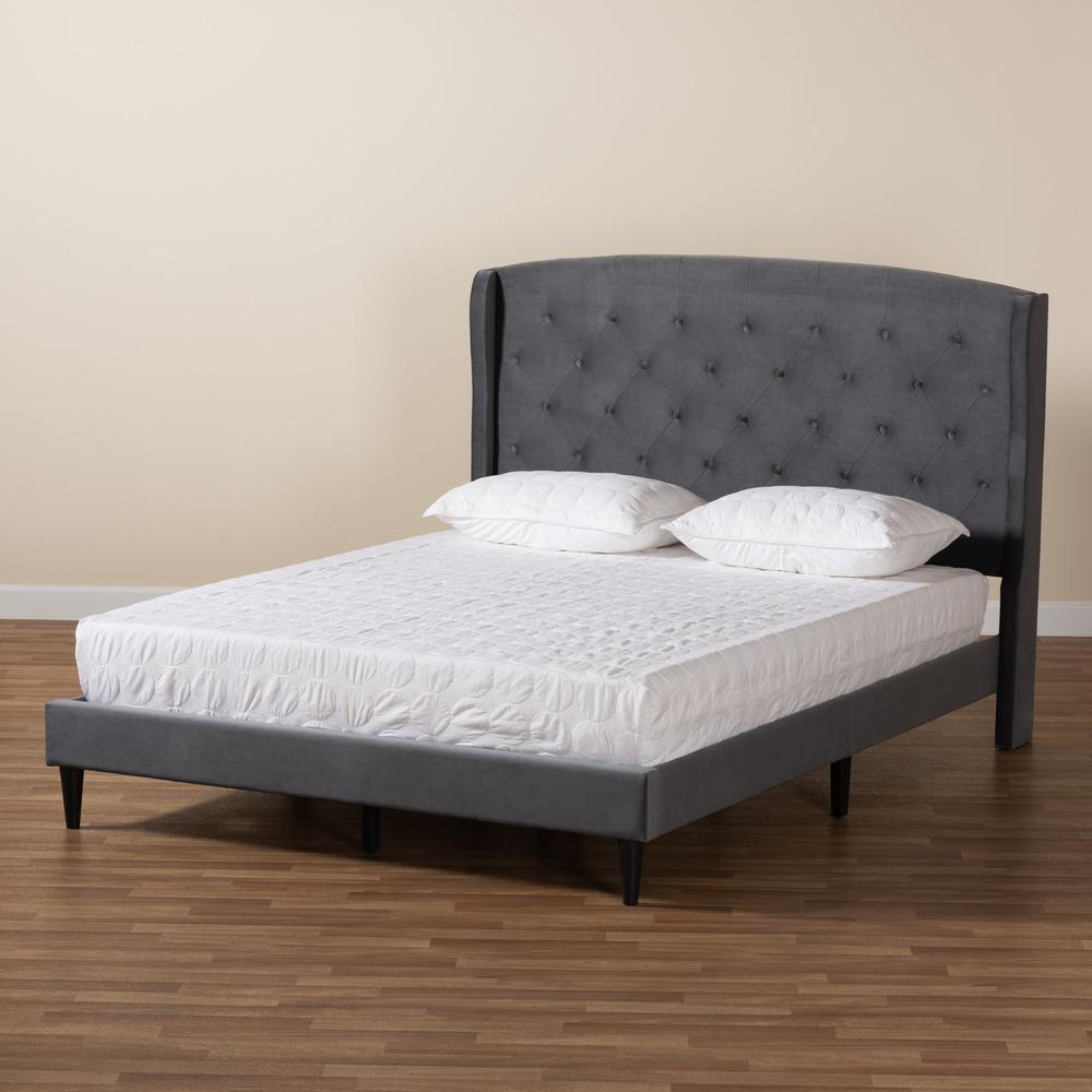 Grey Velvet Fabric and Dark Brown Finished Wood King Size Platform Bed. Picture 9