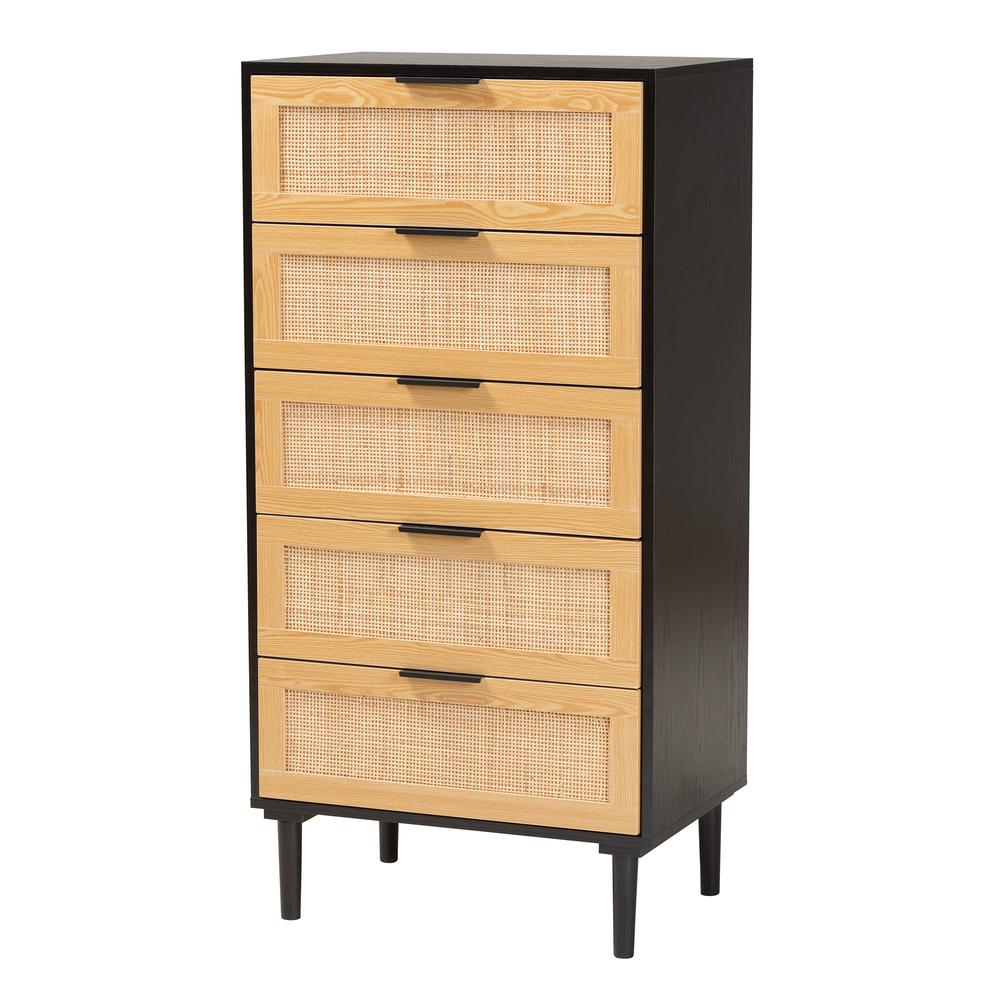 Espresso Brown Wood and Rattan 5-Drawer Storage Cabinet. Picture 11