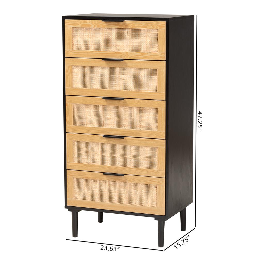 Espresso Brown Wood and Rattan 5-Drawer Storage Cabinet. Picture 20
