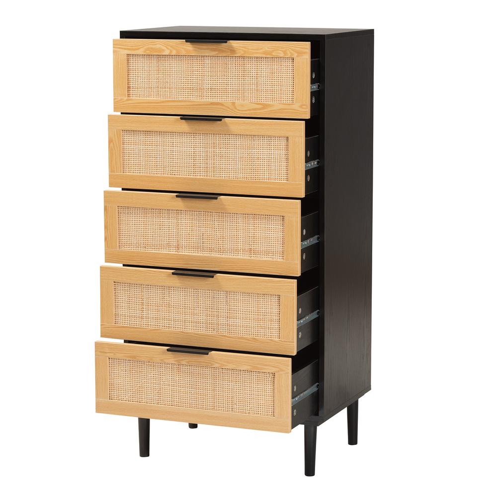 Espresso Brown Wood and Rattan 5-Drawer Storage Cabinet. Picture 12