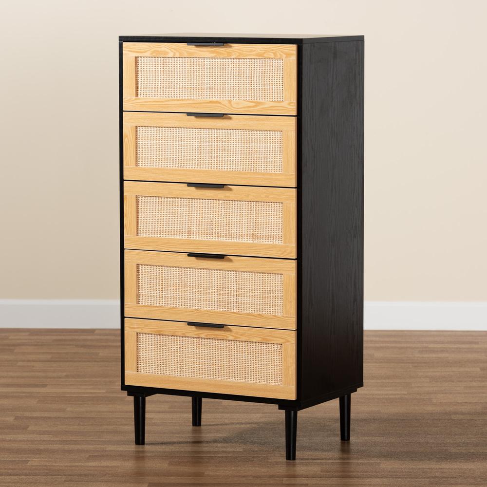 Espresso Brown Wood and Rattan 5-Drawer Storage Cabinet. Picture 19