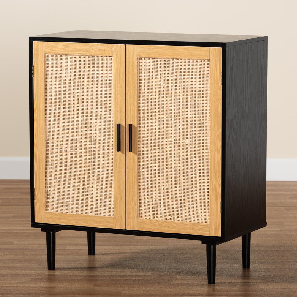 Maureen Mid-Century Modern Espresso Brown Wood and Rattan 2-Door Storage Cabinet. Picture 19