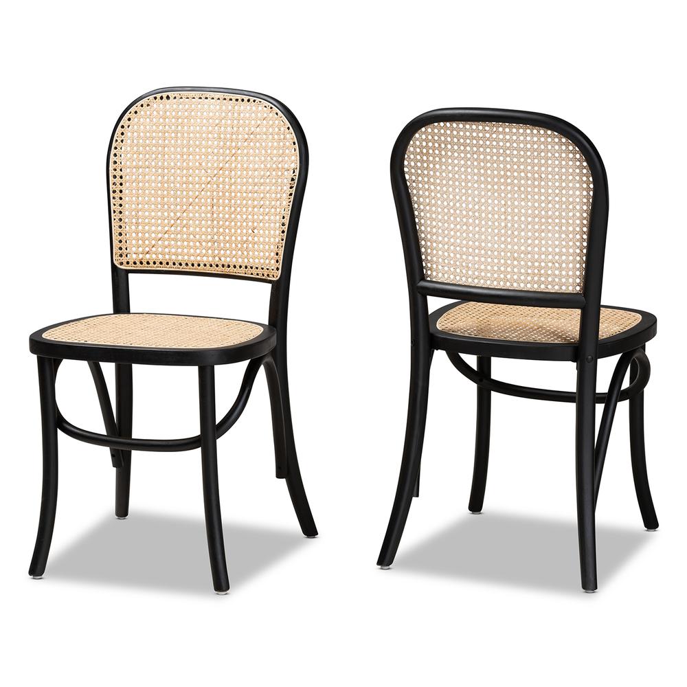 Brown Woven Rattan and Black Wood 2-Piece Cane Dining Chair Set. Picture 9