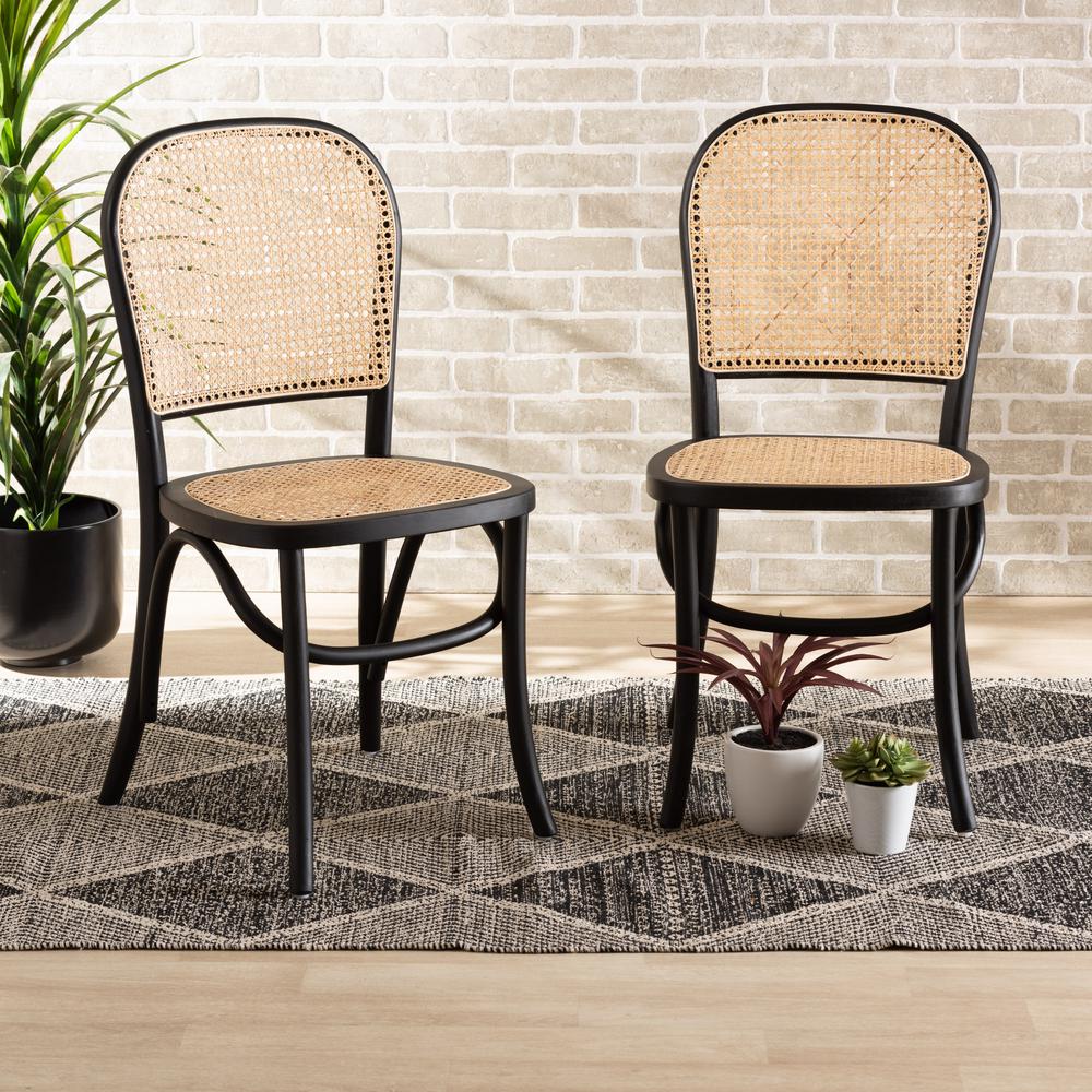 Brown Woven Rattan and Black Wood 2-Piece Cane Dining Chair Set. Picture 15