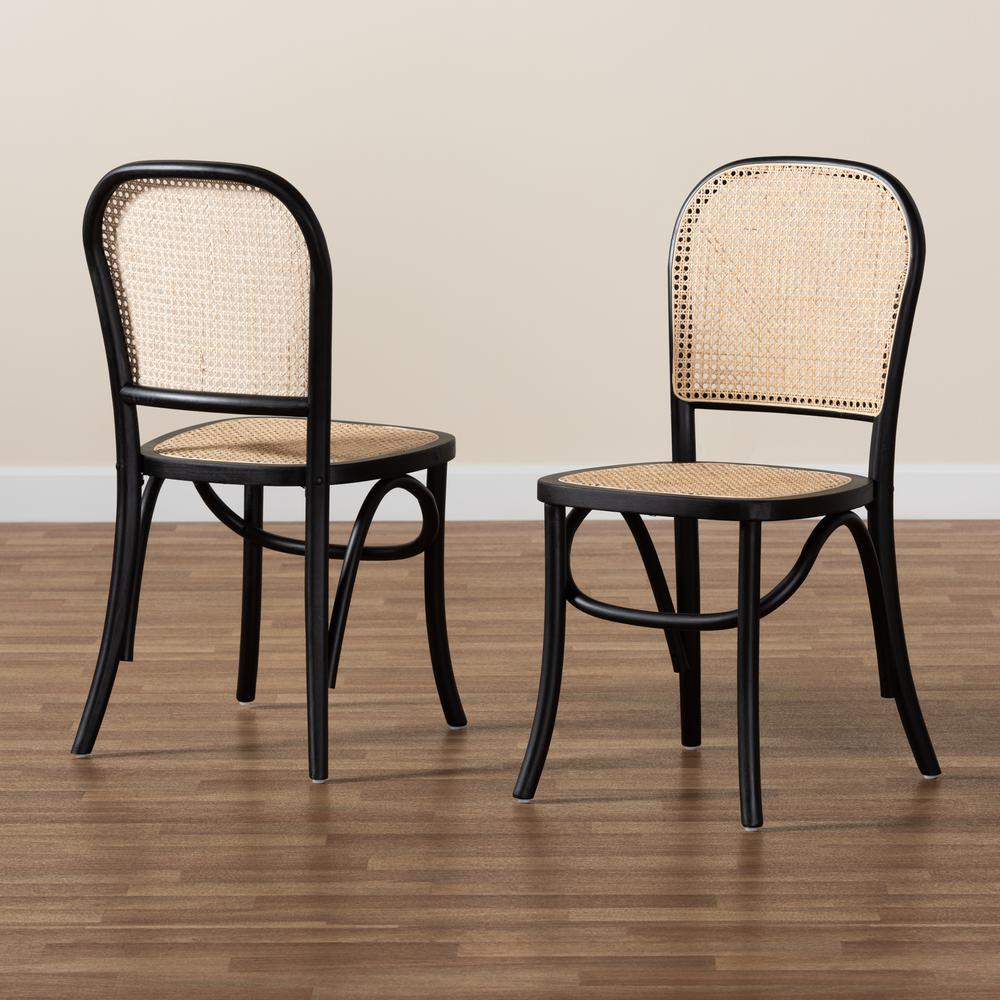 Brown Woven Rattan and Black Wood 2-Piece Cane Dining Chair Set. Picture 16