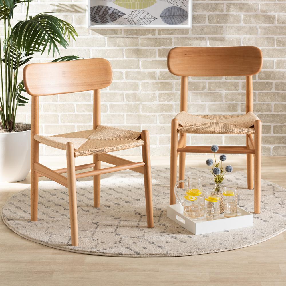 Raheem Mid-Century Modern Brown Hemp and Wood 2-Piece Dining Chair Set. Picture 15