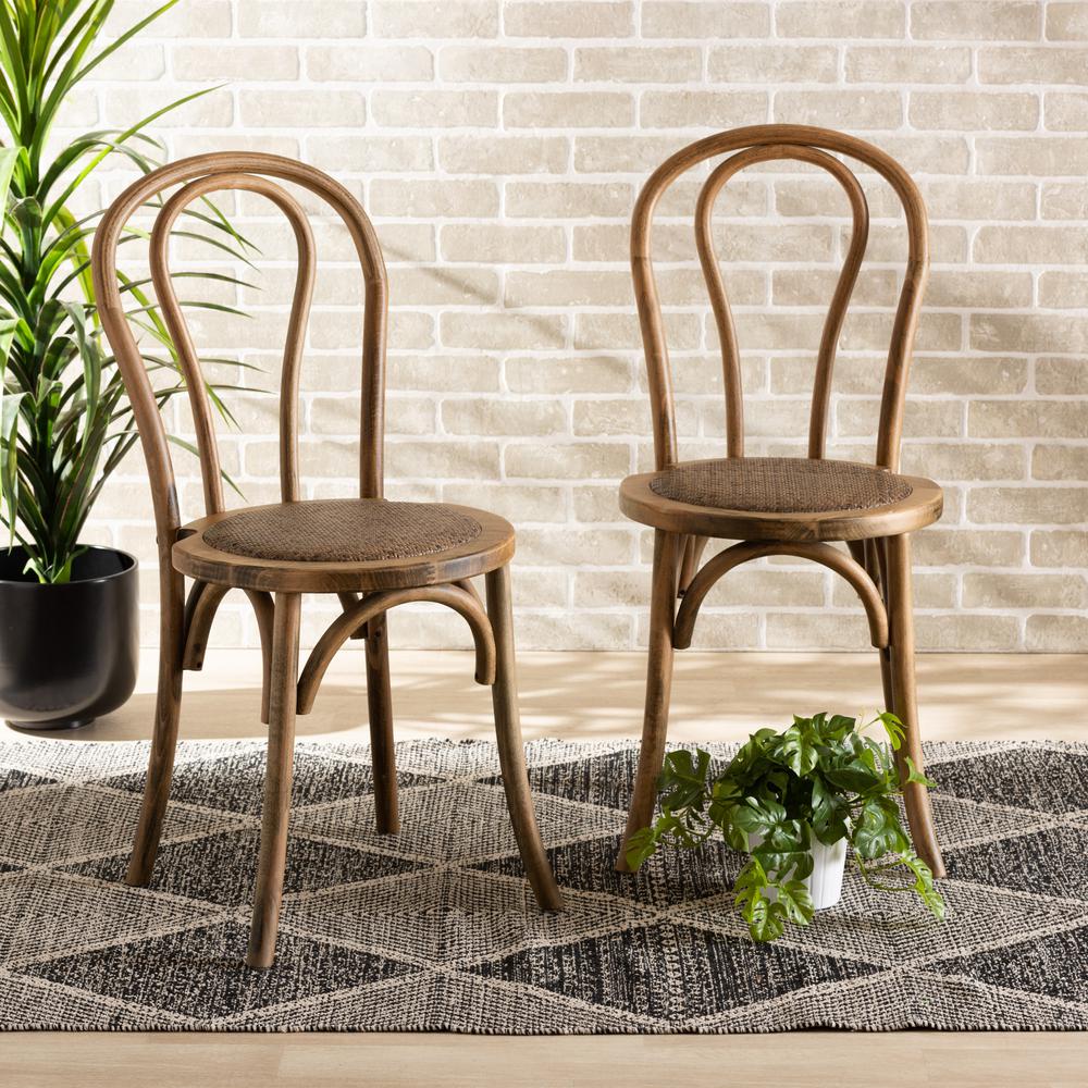 Baxton Studio Dacian Mid-Century Modern Brown Woven Rattan and Walnut Brown Wood 2-Piece Dining Chair Set. Picture 8