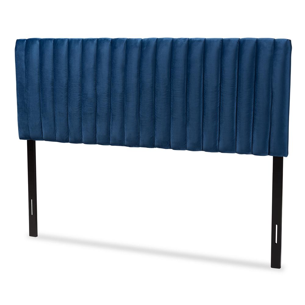 Baxton Studio Emile Modern and Contemporary Navy Blue Velvet Fabric Upholstered and Dark Brown Finished Wood Queen Size Headboard. Picture 11