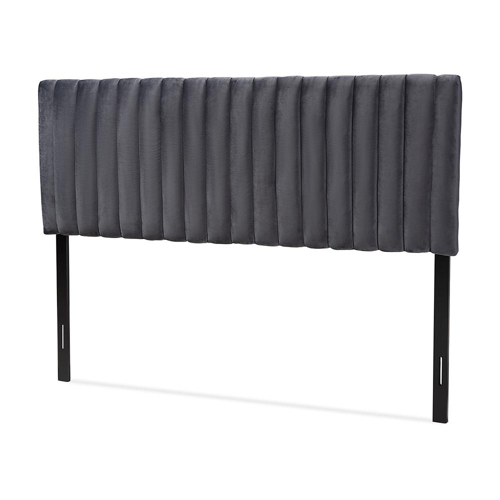 Grey Velvet Fabric Upholstered and Dark Brown Finished Wood Full Size Headboard. Picture 10