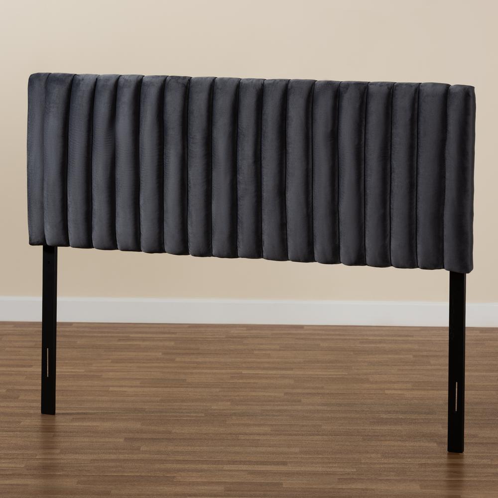 Grey Velvet Fabric Upholstered and Dark Brown Finished Wood Full Size Headboard. Picture 14