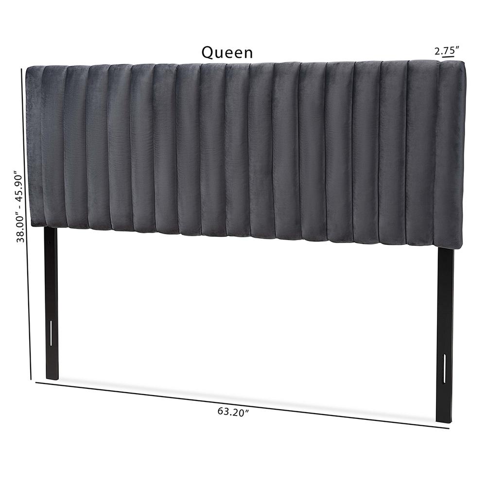 Grey Velvet Fabric Upholstered and Dark Brown Finished Wood Full Size Headboard. Picture 16