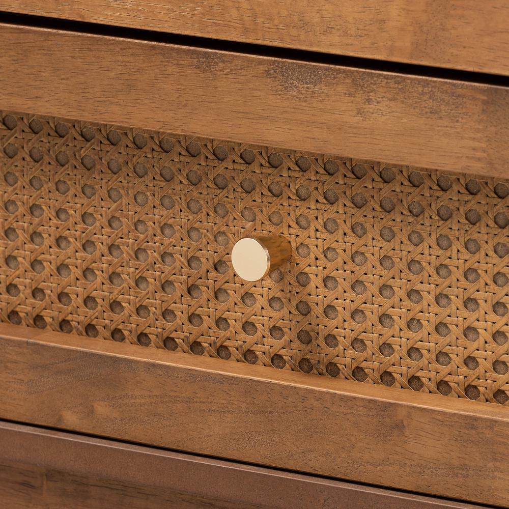 Ramiel Mid-Century Modern Ash Walnut Finished Wood and Rattan 6-Drawer Dresser. Picture 15