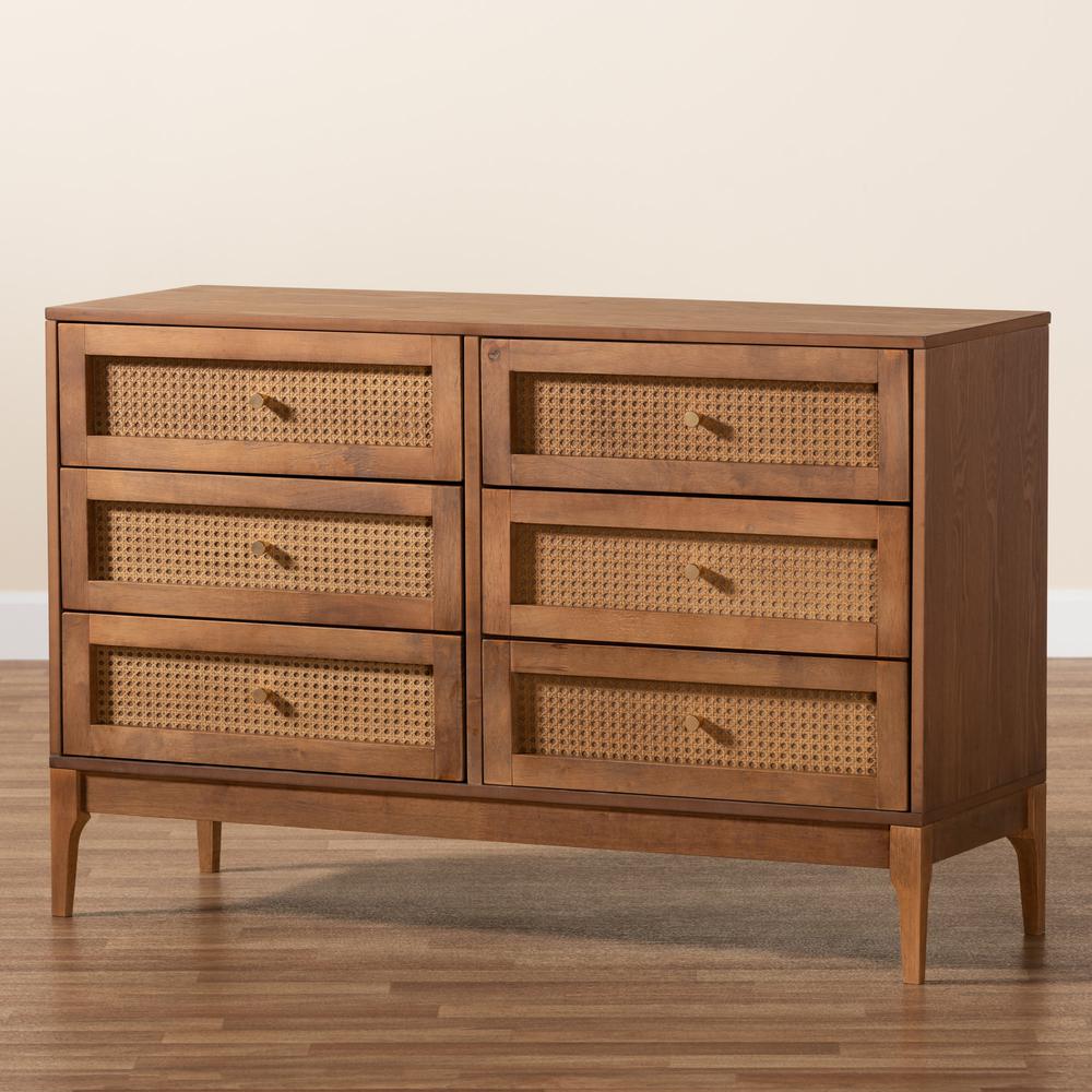 Ramiel Mid-Century Modern Ash Walnut Finished Wood and Rattan 6-Drawer Dresser. Picture 19