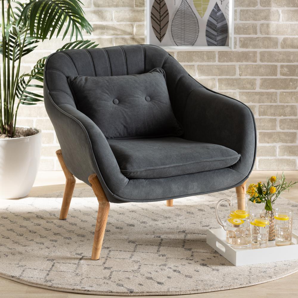 Transitional Grey Velvet Fabric Upholstered and Natural Wood Finished Armchair. Picture 18
